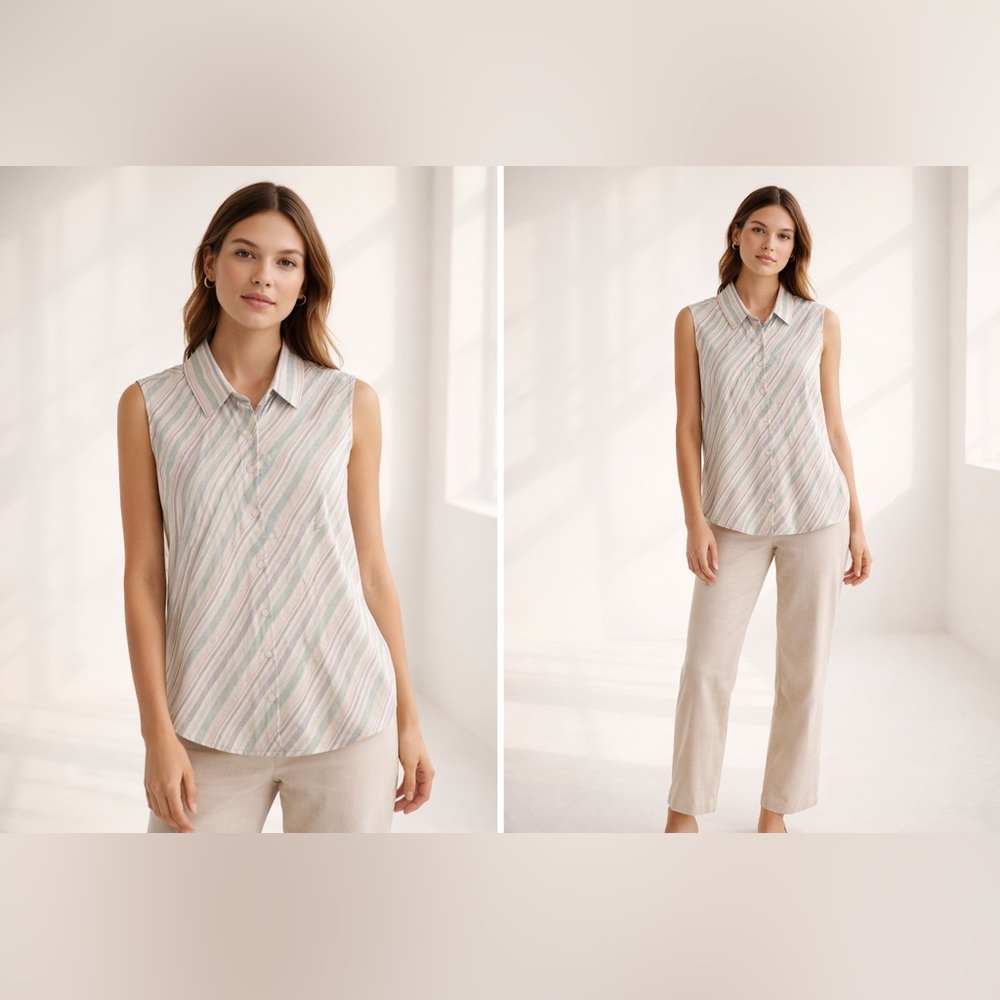 GAP Vintage Y2K 90s Blue White Diagonal Striped Linen Sleeveless Top Vacation, M